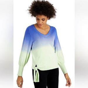 WILLOW DRIVE Blue and Green Ombre Dip Dye Lightweight Sweater Tie Detail Size S